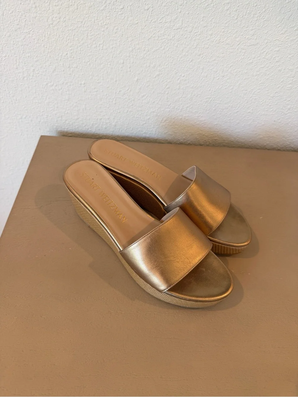 Stuart Weitzman Gold Wedge Slide Sandals - Picture 3 of 6